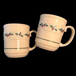 Longaberger Christmas holly pottery mugs (2)